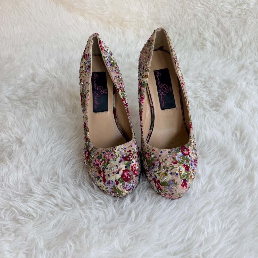 Princess London Floral Print Rhinestone Embellished Platform Pumps